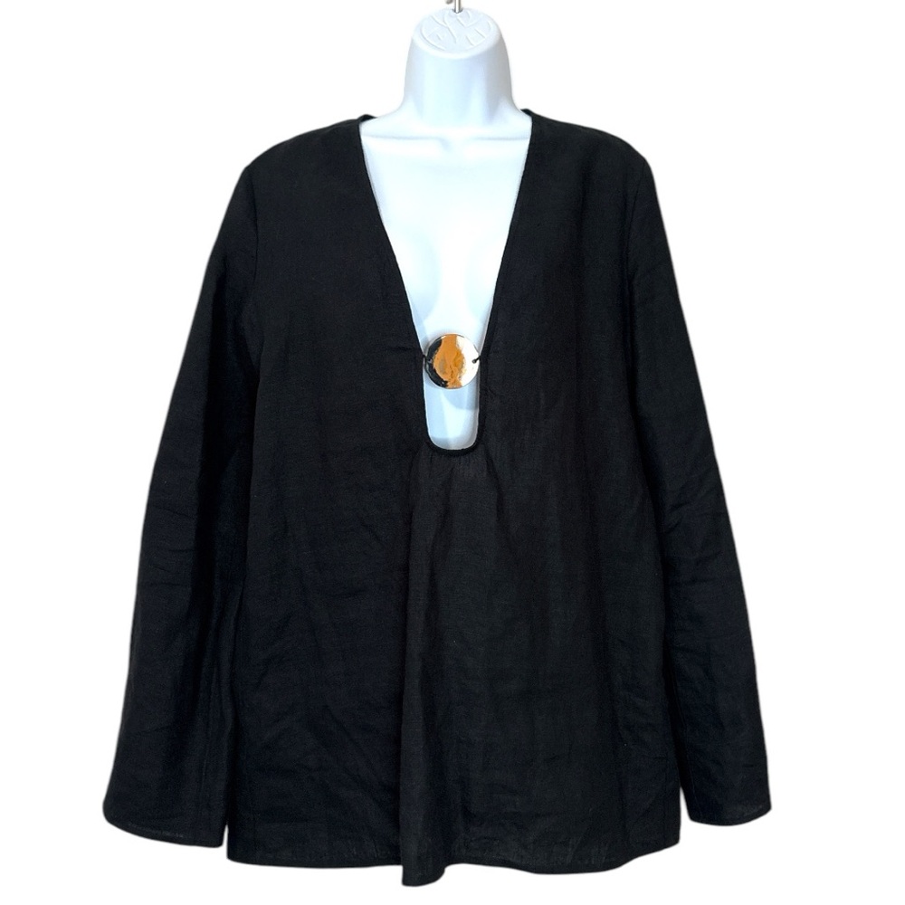 Occleus Black Linen Long Sleeve Top